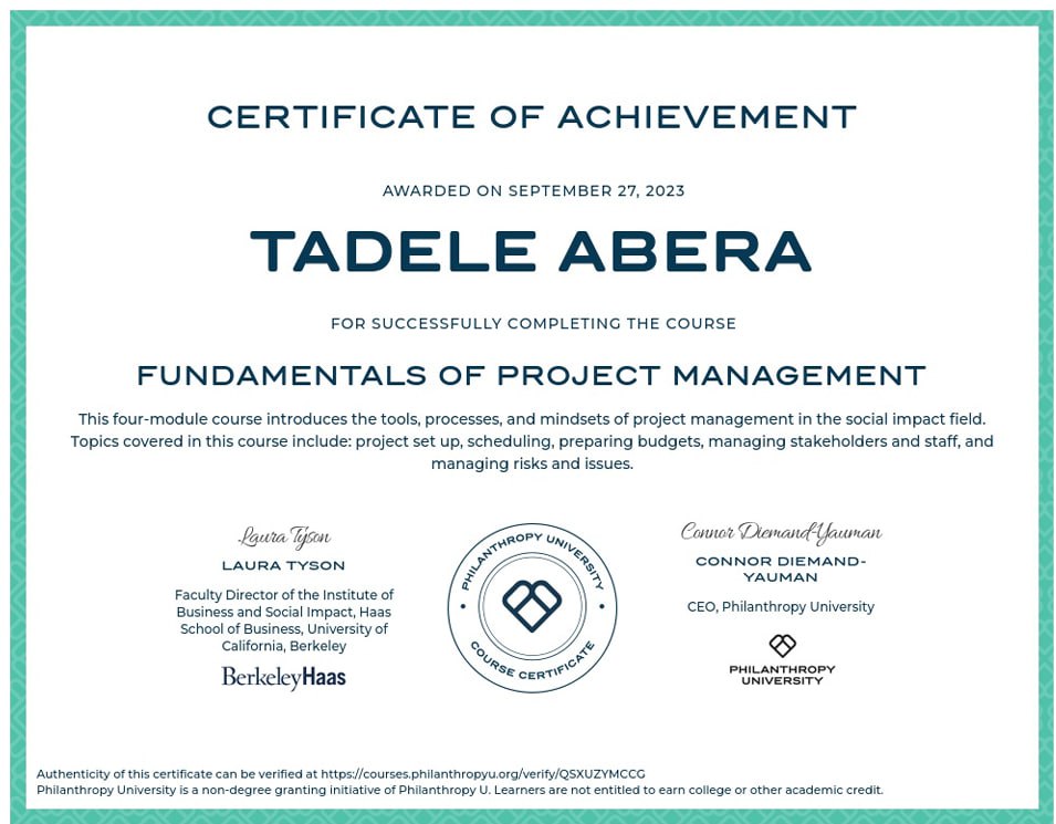 Certificate of Project Management  
